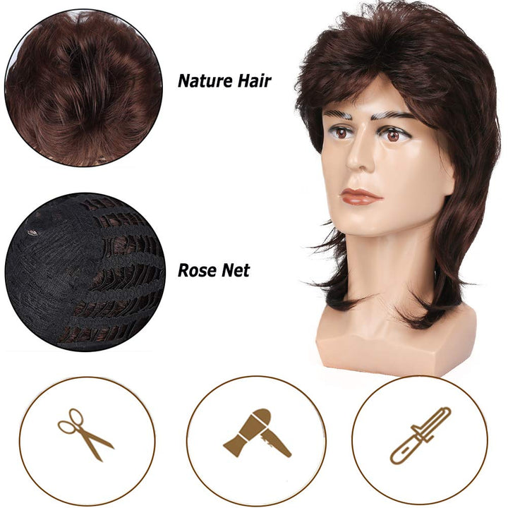 Mullet Wigs for Men 70s 80s Costumes Mens Brown Fancy Party Accessory Cosplay Hair Wig