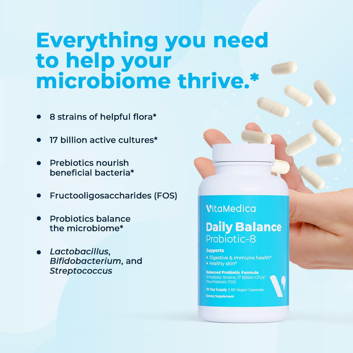 | Daily Balance Probiotic-8 | Probiotic Supplement | 16 Billion CFUs | Gut Health | Digestive, Skin, &amp; Immune Support | Constipation, Diarrhea, Gas &amp; Bloating Relief | Vegan | 60 Count
