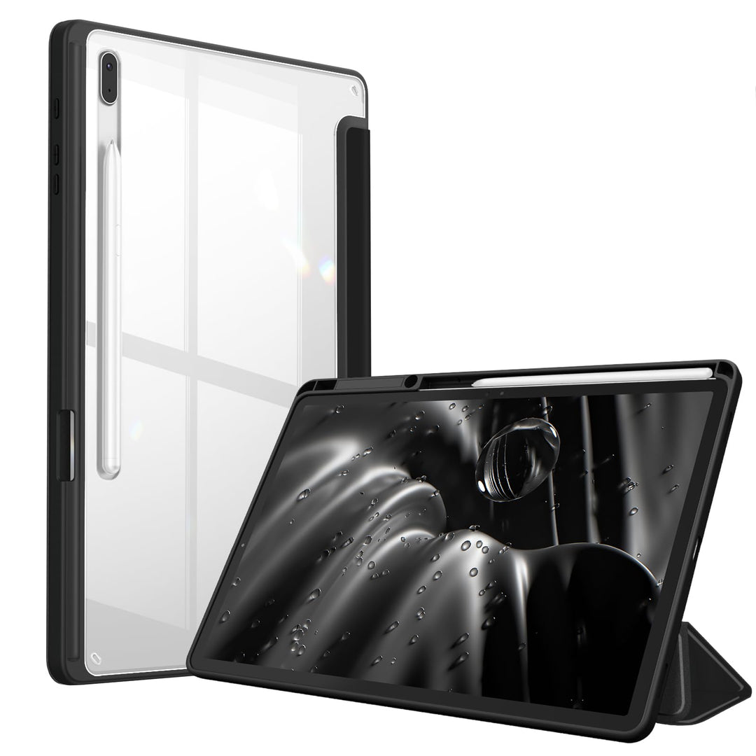 Hybrid Slim Case for Samsung Galaxy Tab S8 Plus 2022/S7 FE 2021/S7 Plus 2020 12.4 Inch with S Pen Holder, Shockproof Cover with Clear Transparent Back Shell, Auto Wake/Sleep, Black
