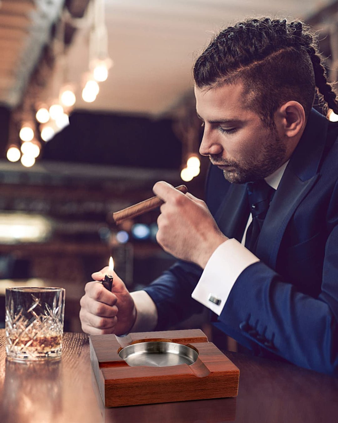 Wood Cigar Ashtray Accessories for Cigarettes - Indoor Outdoor Patio Home Office Use - Square Wooden Brown Ash Tray Gift Set for Men With Gift Box (Classic)