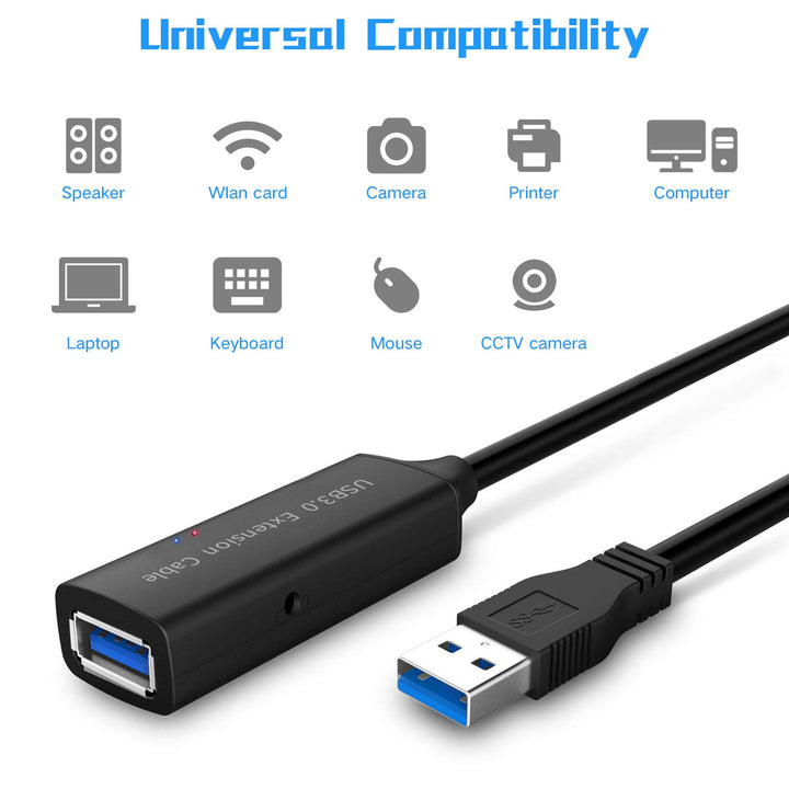 USB 3.0 Extension Cable 50 Feet Active USB 3.0 Extension Cable with 5V 2A Power Adapter, 15M USB Extender Male to Female Cord with 2 Chipsets Signal Booster for Xbox, PS4, VR, Webcam, etc