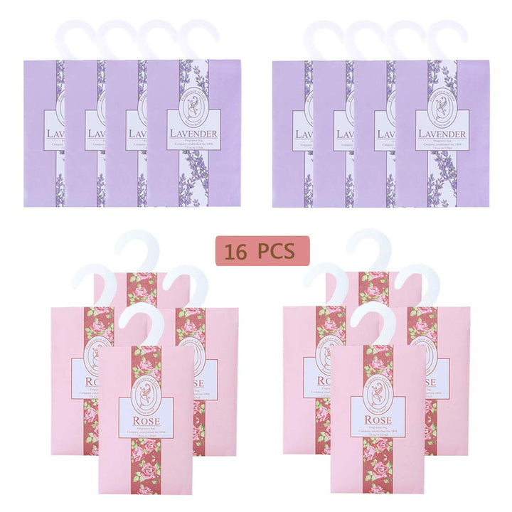 16Packs Lavender &amp; Rose Closet Air Freshener Deodorizer Scented Sachets Bags for Drawer Closets, Wardrobes and Bedrooms, Car Scent (Lavender + Rose)