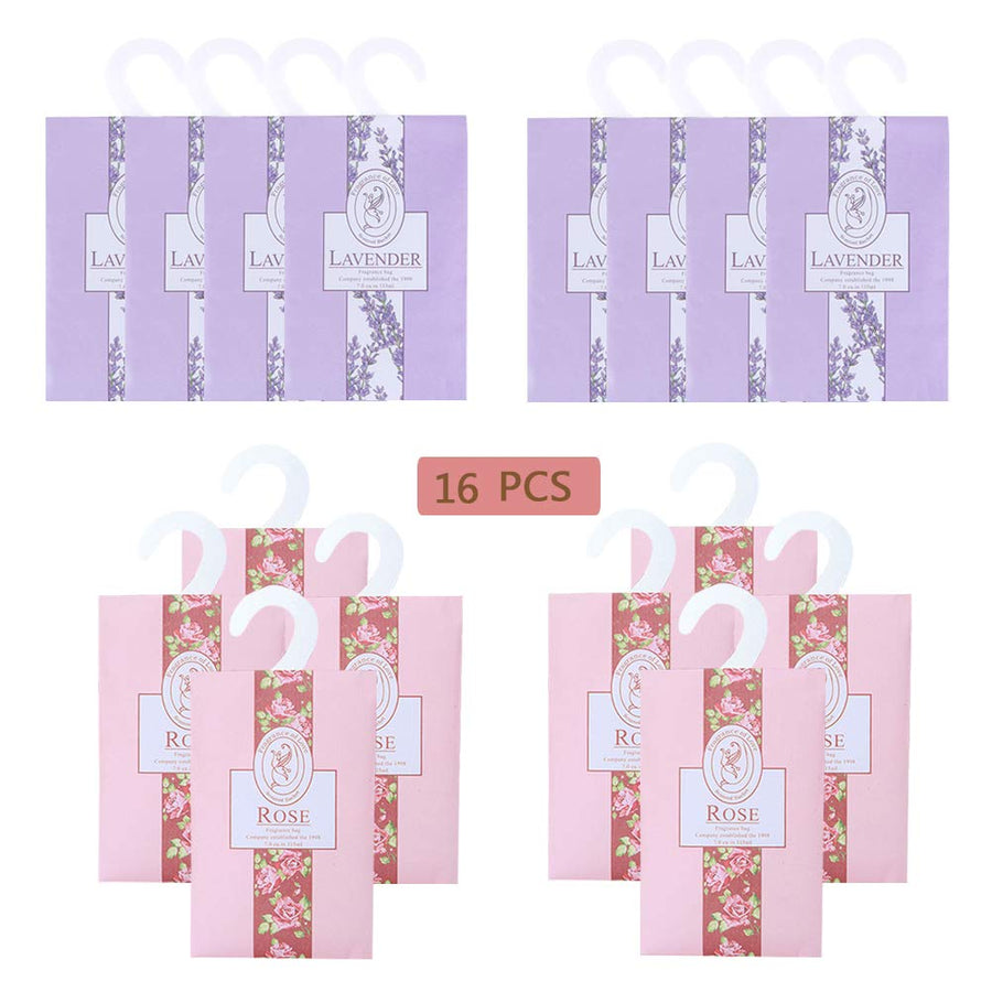16Packs Lavender & Rose Closet Air Freshener Deodorizer Scented Sachets Bags for Drawer Closets, Wardrobes and Bedrooms, Car Scent (Lavender + Rose)