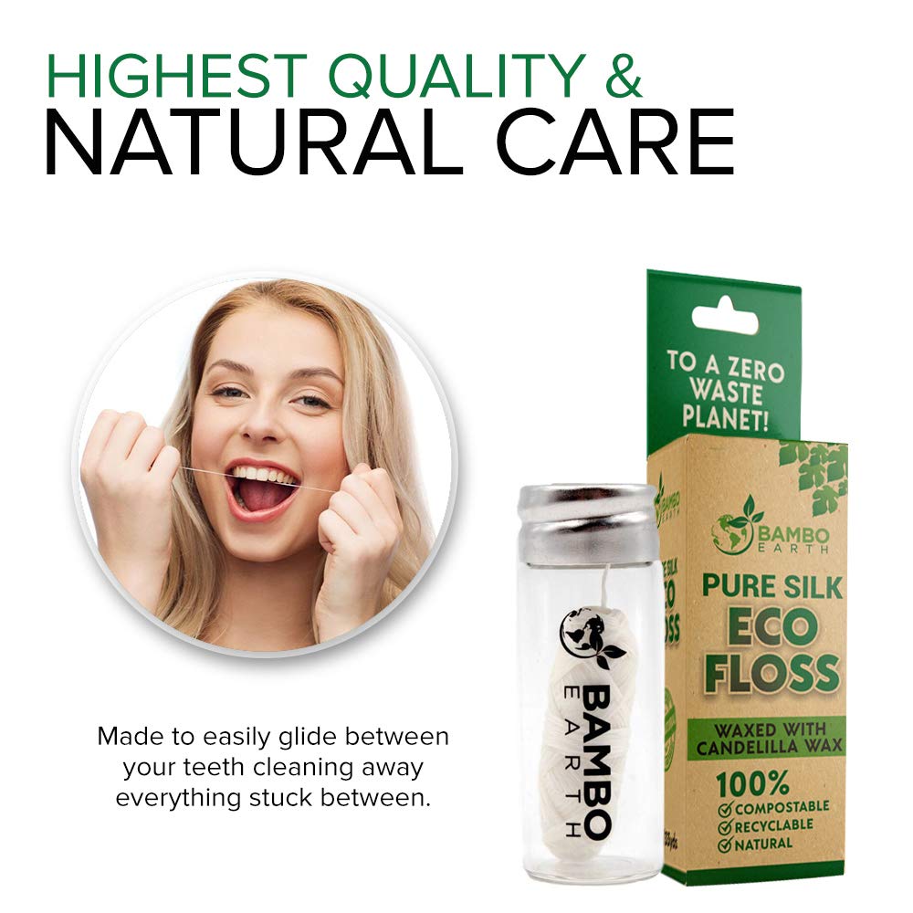 Biodegradable Mint Dental Tooth Lace Floss With Refillable & Reusable Glass Holder - 100% Organic Natural and Compostable Teeth Silk Spool Waxed With Candelilla Wax & Eco-Friendly Zero Waste Packaging