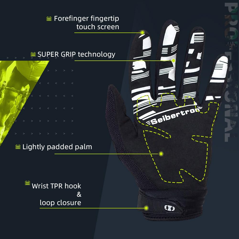 Dirtpaw Unisex BMX MX ATV MTB Racing Gloves - Touch Recognition Full Finger Glove for Road Racing and Motorcycle Sports Black M