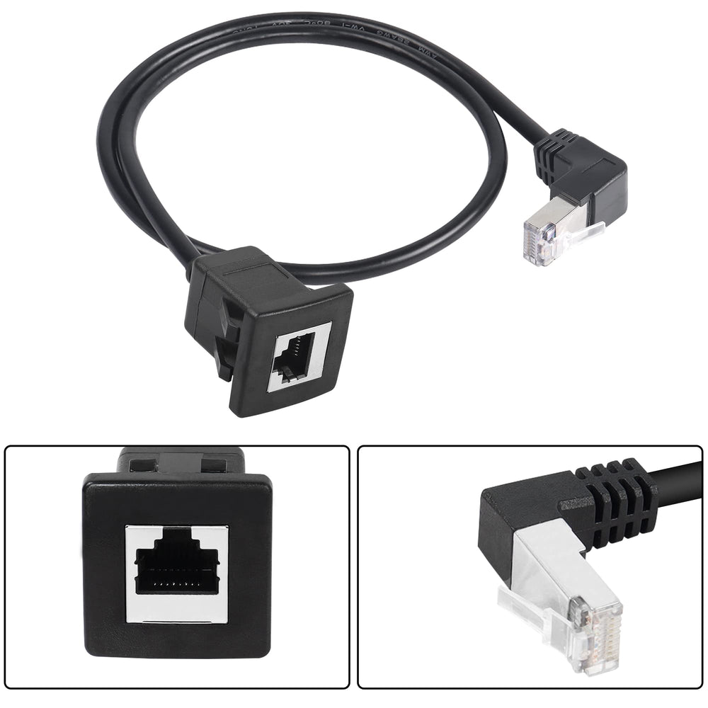 6.5Ft 90 Degree Cat5 Ethernet Panel Mount Cable, Down Angle RJ45 Male to Female Panel Mount CAT5e/5 Shielded Network LAN Extender Cord for Desk, Wall, Chassis Panel -Black-Down-2M