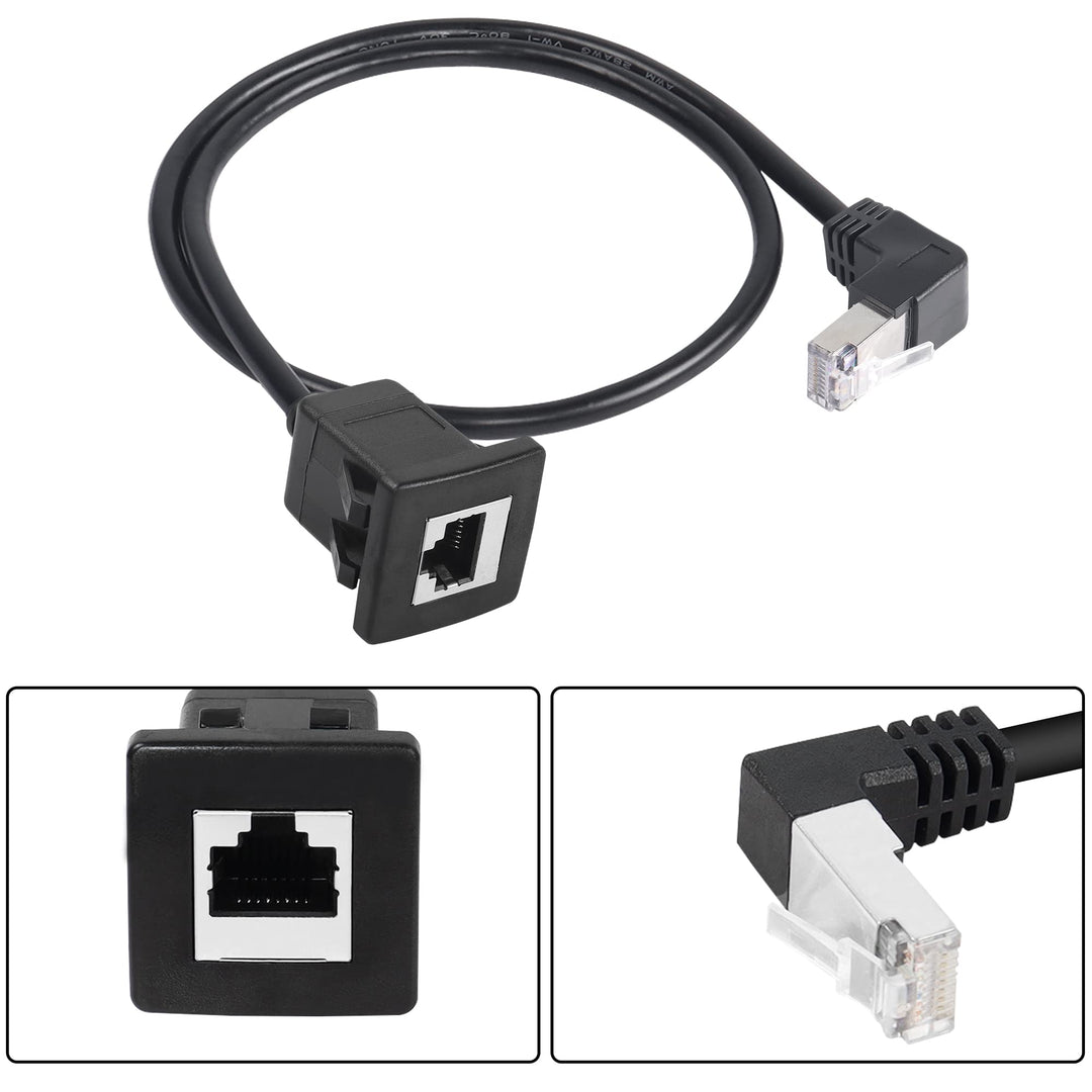 6.5Ft 90 Degree Cat5 Ethernet Panel Mount Cable, Down Angle RJ45 Male to Female Panel Mount CAT5e/5 Shielded Network LAN Extender Cord for Desk, Wall, Chassis Panel -Black-Down-2M