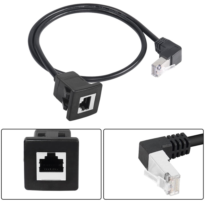 6.5Ft 90 Degree Cat5 Ethernet Panel Mount Cable, Down Angle RJ45 Male to Female Panel Mount CAT5e/5 Shielded Network LAN Extender Cord for Desk, Wall, Chassis Panel -Black-Down-2M