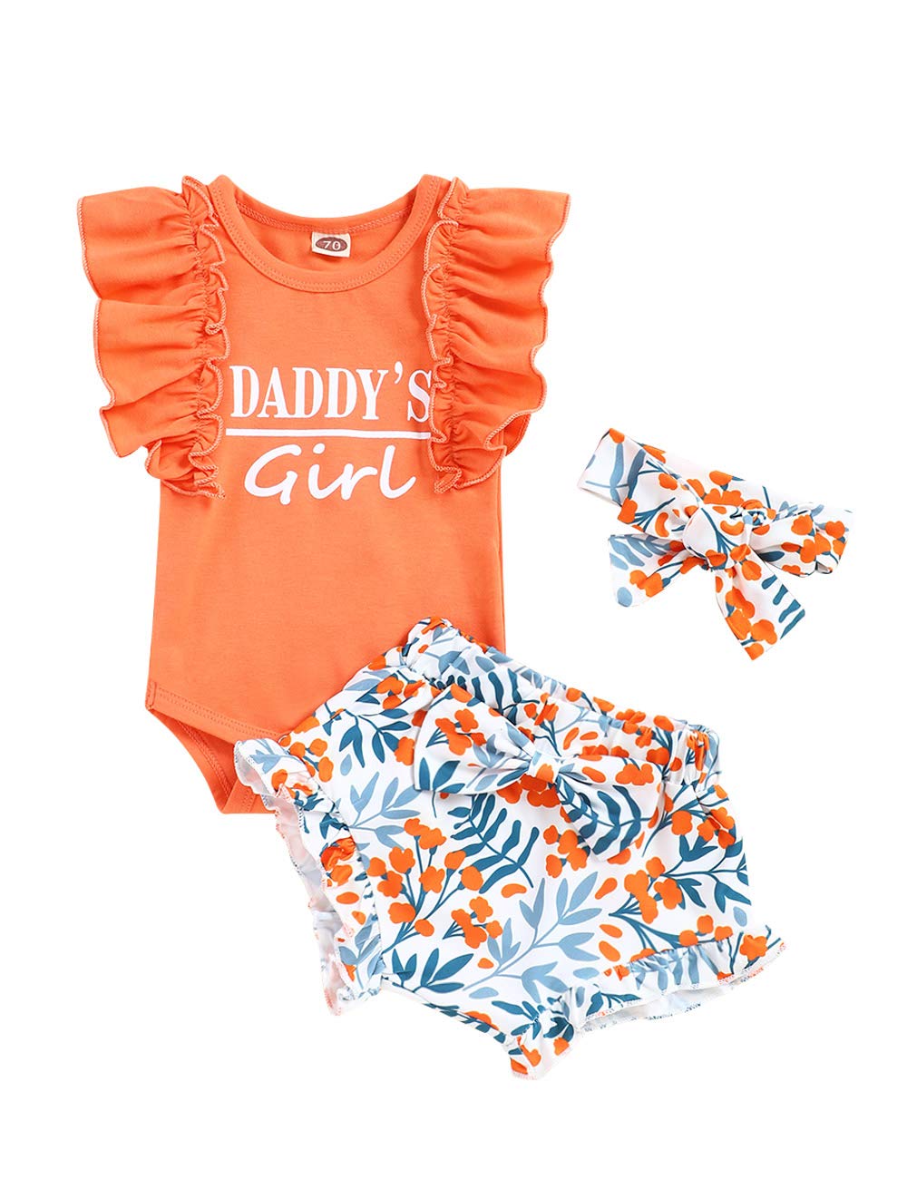 Girl&#39;s Funny Letter Top Floral Pants With Headband Newborn Summer 3Pcs Sets Romper Outfit, Light Orange, 0-3M