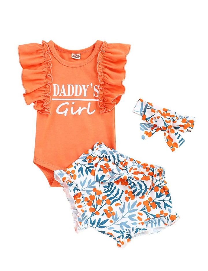Girl&#39;s Funny Letter Top Floral Pants With Headband Newborn Summer 3Pcs Sets Romper Outfit, Light Orange, 0-3M