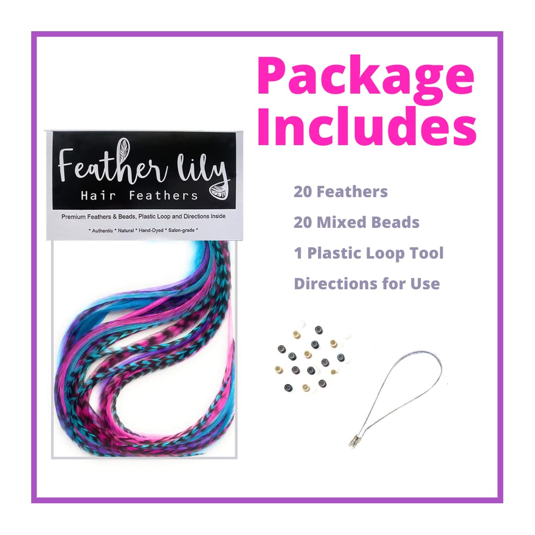 Feather Hair Extensions, 100% Real Rooster Feathers, Long Pink, Purple, Blue Colors, 20 Feathers with Bonus FREE Beads and Loop Tool Kit