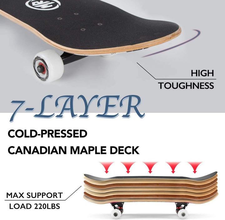 Skateboards for Beginners,31 x 8 Complete Standard Skate Boards for Girls Boys, 7 Layer Canadian Maple Double Kick Concave Skateboard for Kids Youth Teens Adults