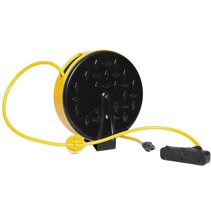 30Ft Retractable Extension Cord Reel with Breaker Switch &amp; 3 Electrical Power Outlets - 16/3 SJTW Durable Yellow Cable - Perfect for Hanging from Your Garage Ceiling