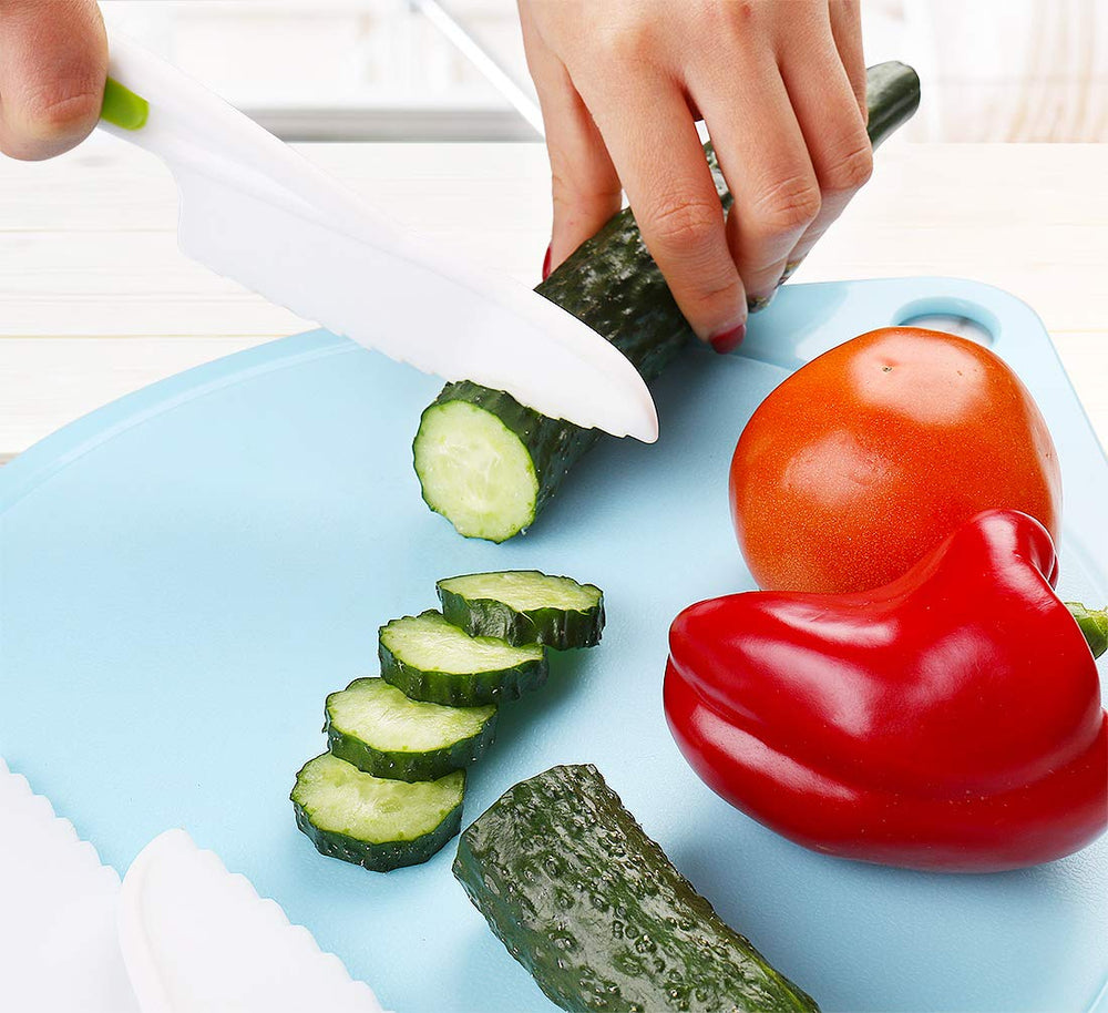 Kids Knife Set for Cooking, with Cutting Board, Safe Lettuce and Salad Knives, Kids Cooking Utensils (Blue Round)