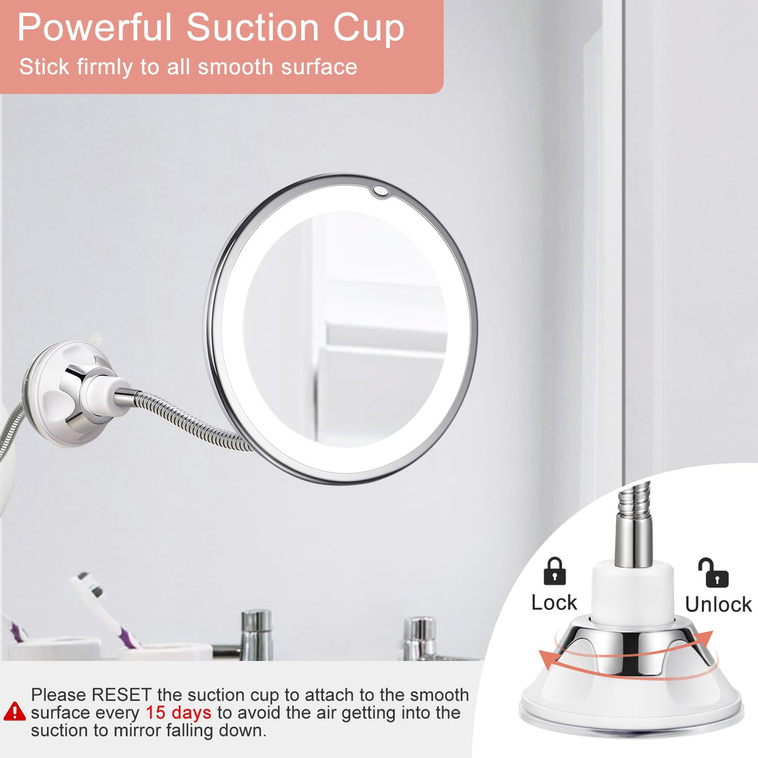 Flexible Gooseneck 6.8 10X Magnifying LED Lighted Makeup Mirror, Bathroom Magnification Vanity Mirror with Suction Cup, 360 Degree Swivel, Daylight, Battery Operated, Cordless &amp; Travel Mirror