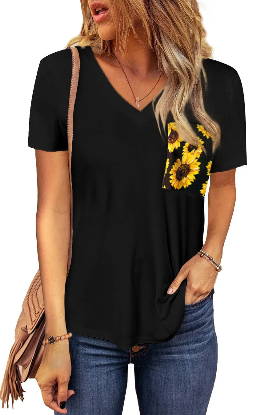 Women's Sunflower Printed Splicing T-Shirt Short Sleeve Patchwork V Neck Blouse Tunic