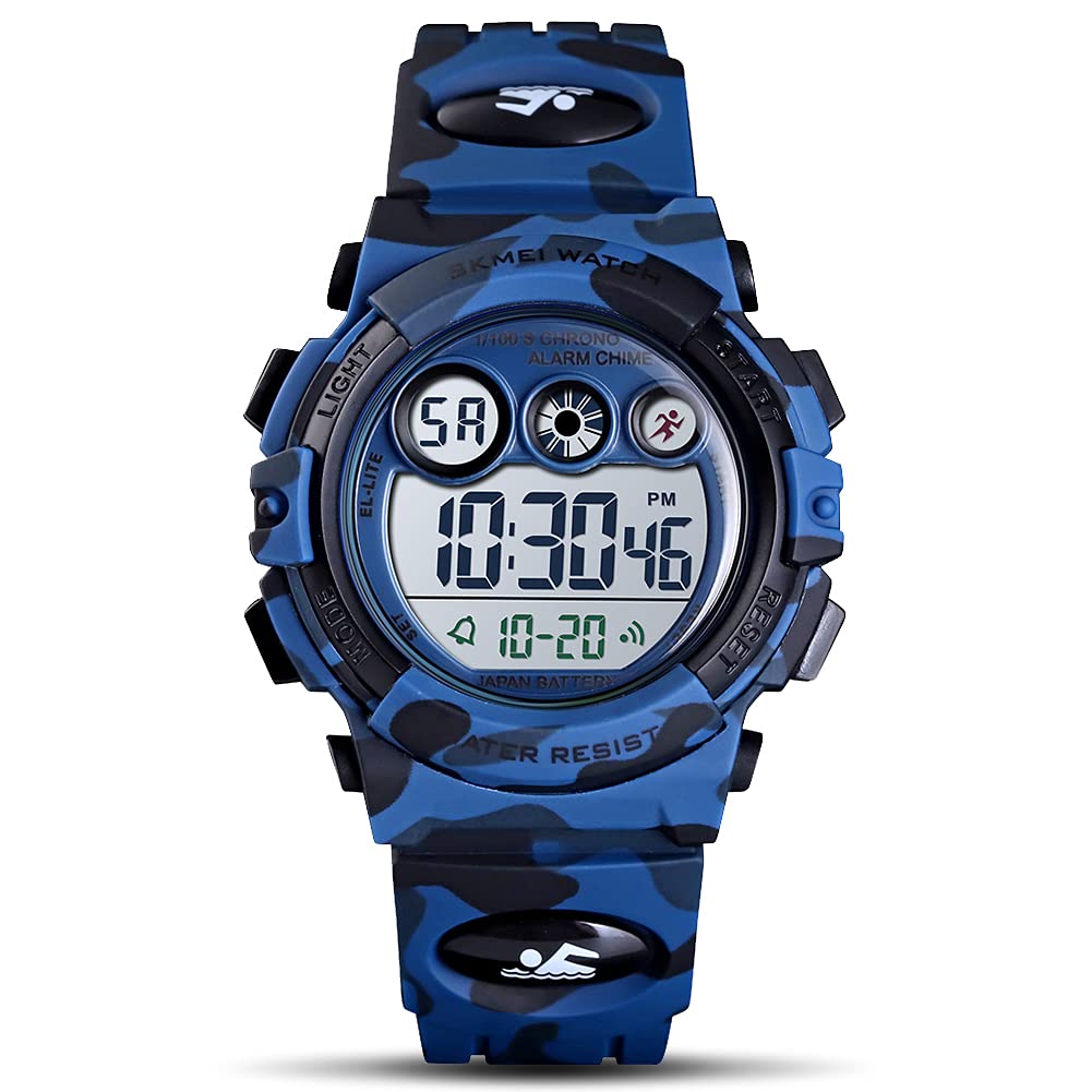 Watches for Kids Digital Sport Waterproof Boys Watch Outdoor 12/24 H Alarm EL Backlight Stopwatch Military Child Wristwatch Ages 3-15 (Camouflage Dark Blue)