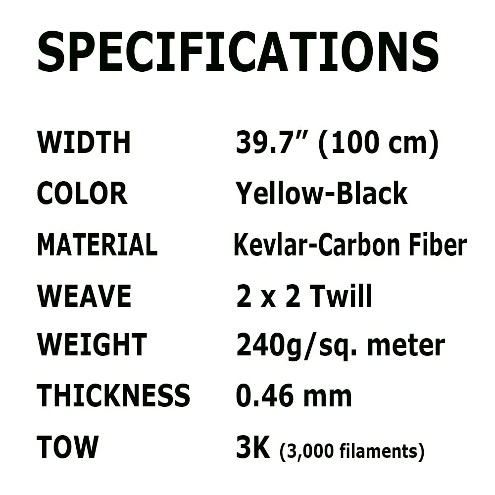 - 1 Meter Wide (39.8 in) - Carbon Fiber Aramid Fabric - Yellow - 3K - 240g/meter - Twill Weave Wide Hemmed Fabric for Repair, DIY Projects