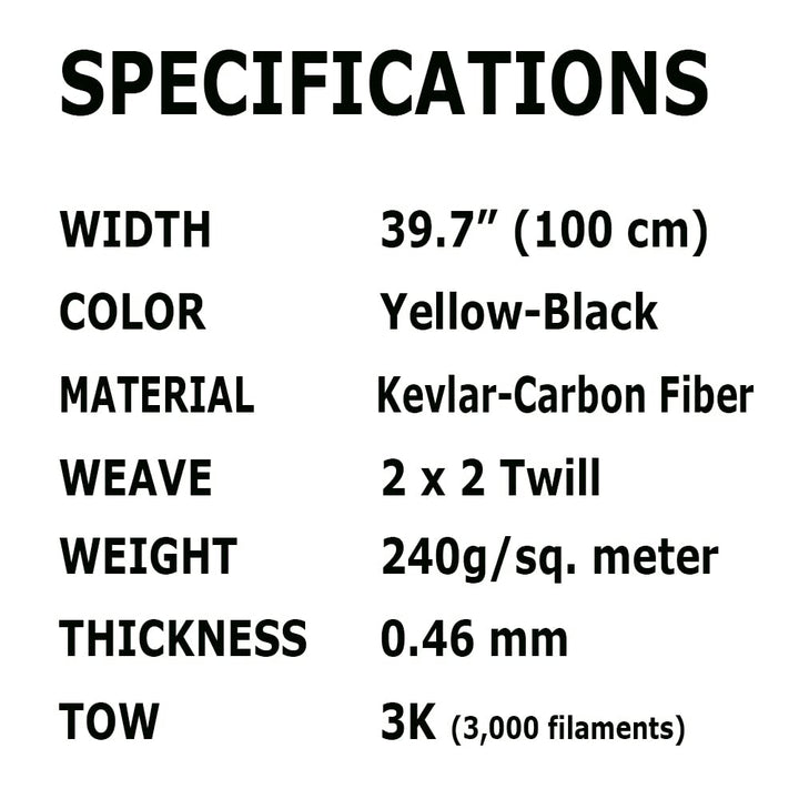 - 1 Meter Wide (39.8 in) - Carbon Fiber Aramid Fabric - Yellow - 3K - 240g/meter - Twill Weave Wide Hemmed Fabric for Repair, DIY Projects