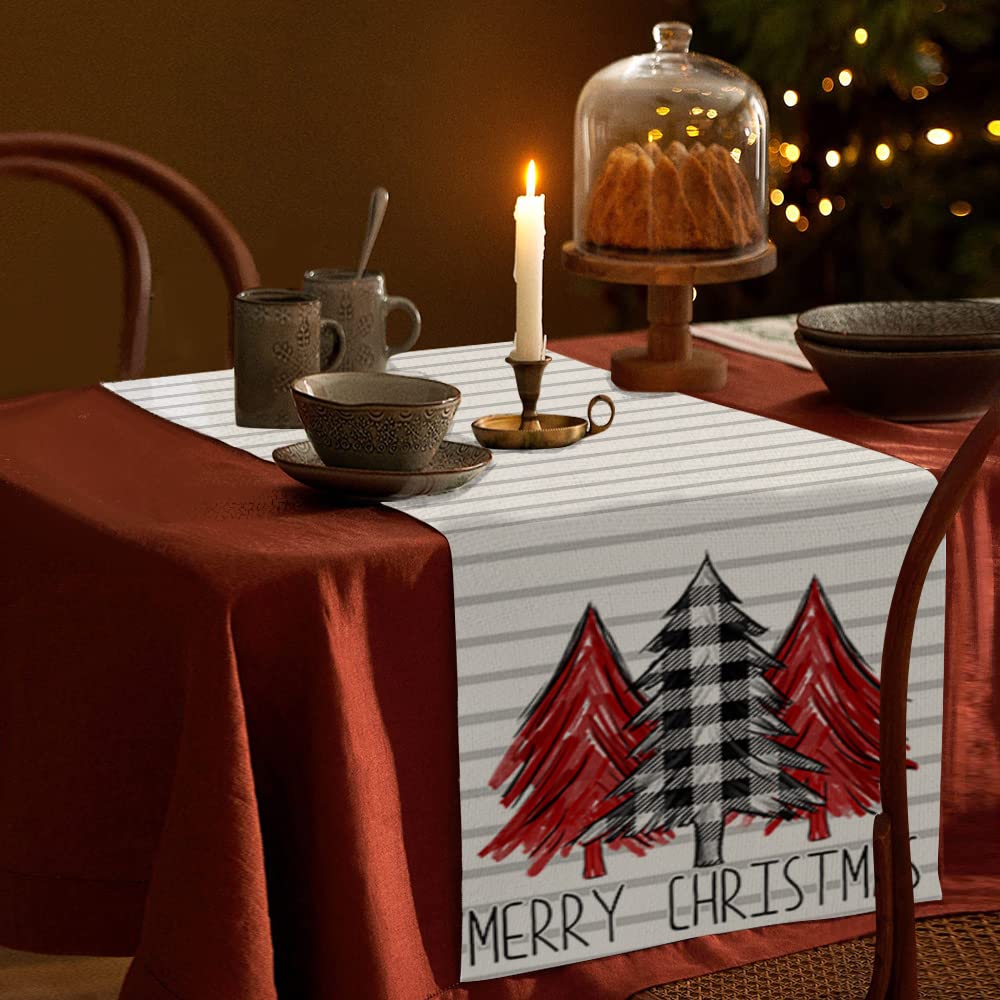 Merry Christmas Tree Table Runner 13x72 Inches, Stripe Winter Holiday Indoor Outdoor Table Decoration for Home