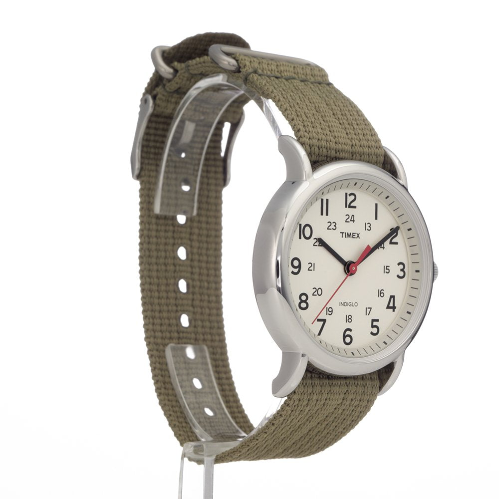 Unisex Weekender 38mm Watch – Silver-Tone Case Cream Dial with Olive Fabric Slip-Thru Strap