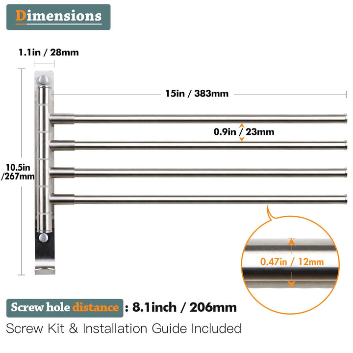 Towel Rack 15 inch Swivel Towel Racks for Bathroom Wall Mounted, Bath Towel Bar Stainless Steel 4-Arm Towel Holder Brushed Nickel, Space Saving