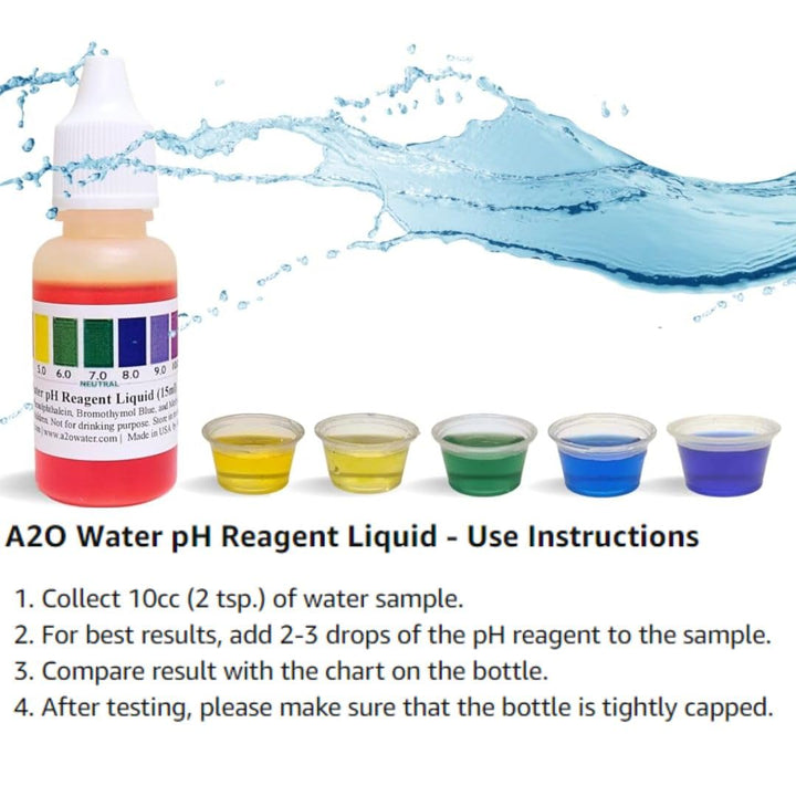 Alkaline, Tap, and Drinking Water pH Test Liquid wht(100-125 Tests) 0.50 Fl Oz (Bigger Bottle) by A2O Water - Made in USA