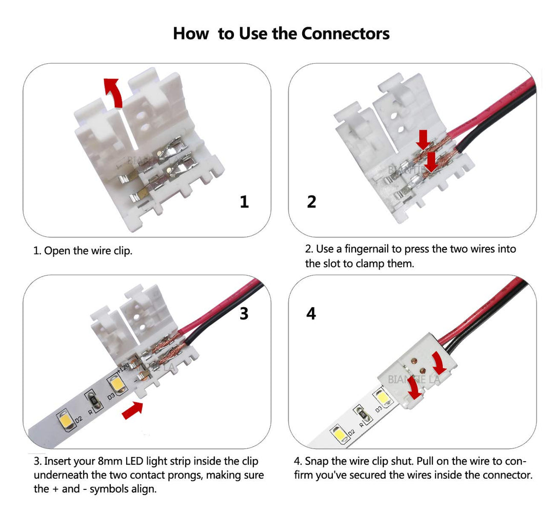 2-Pin 8mm LED Strip Connectors Solderless Unwired Clips - DIY Strip to Wire Quick Connection for 12v 24v Single Color SMD 3528 2835 Led Strip Lights (Pack of 10)