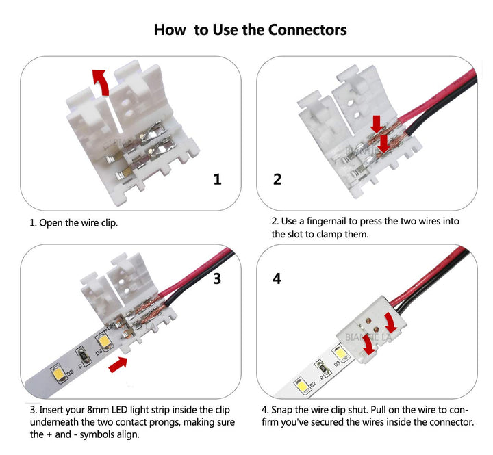 2-Pin 8mm LED Strip Connectors Solderless Unwired Clips - DIY Strip to Wire Quick Connection for 12v 24v Single Color SMD 3528 2835 Led Strip Lights (Pack of 10)