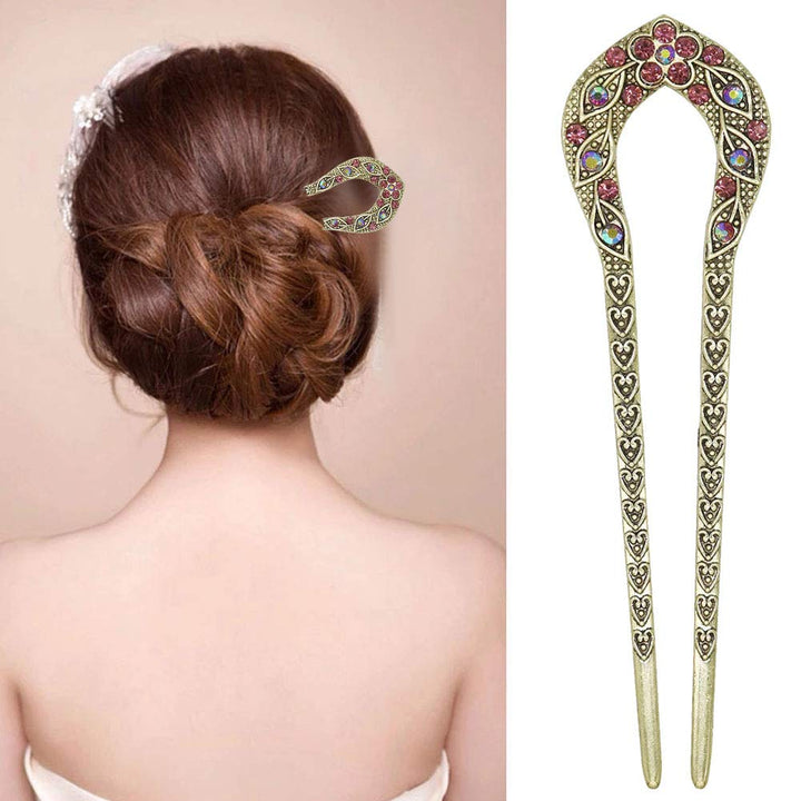 2 Pcs Vintage Hair Stick, Crystal Rhinestone Double Prong Hair Pin Stick Hairstyle Chignon Hairpin