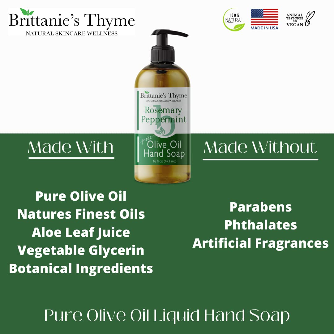 Brittanie27s Thyme Rosemary &amp; Peppermint: Organic Hand Soap, 16 Oz - Made Olive Oil And Natural Luxurious Essential Oils. Vegan &amp; Gluten Free (Rosemary &amp; Peppermint)