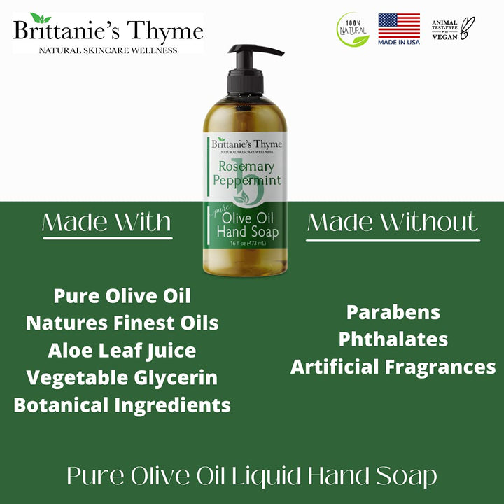 Brittanie27s Thyme Rosemary &amp; Peppermint: Organic Hand Soap, 16 Oz - Made Olive Oil And Natural Luxurious Essential Oils. Vegan &amp; Gluten Free (Rosemary &amp; Peppermint)