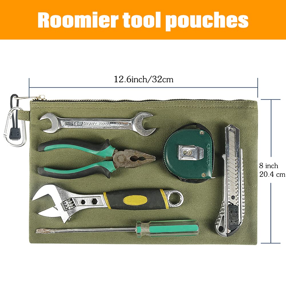 Canvas Tool Bag Water Resistant, 2pcs Tool Pouches with Zipper and Carabiner, Heavy Duty Utility Bags for Tools Camping Travel