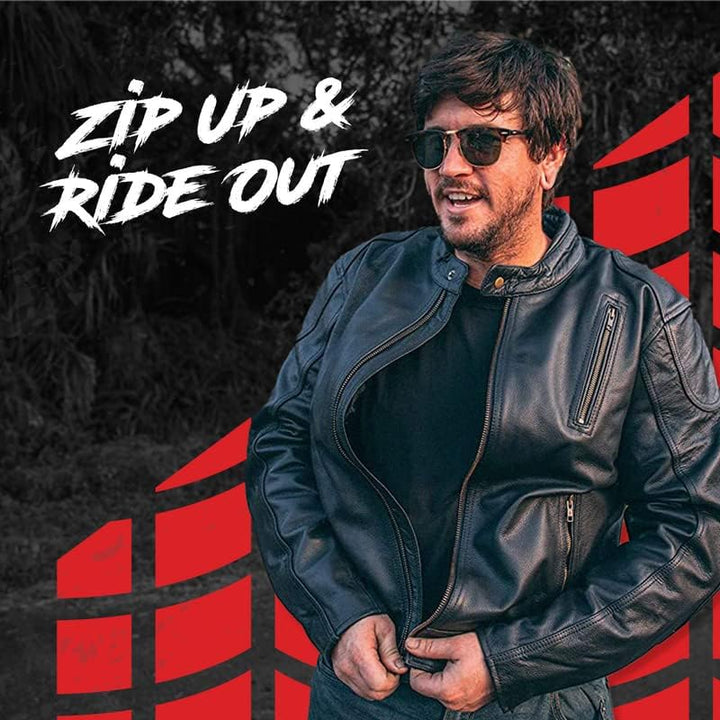 Leather Motorcycle Jacket with Armor for Men, Cafe Racer Genuine Leather Jacket for Weather Resistant Enduro Motocross, Motorbike Riding, Easy Adjust Men&#39;s Motorcycle Jacket, Medium