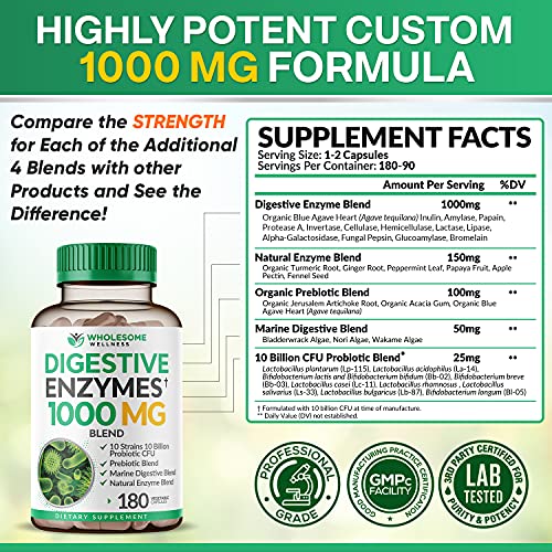 Digestive Enzymes 1000MG Plus Prebiotics &amp; Probiotics Supplement, 180 Capsules, Organic Plant-Based Vegan Formula for Digestion &amp; Lactose with Amylase &amp; Bromelain,3-6 Months Supply