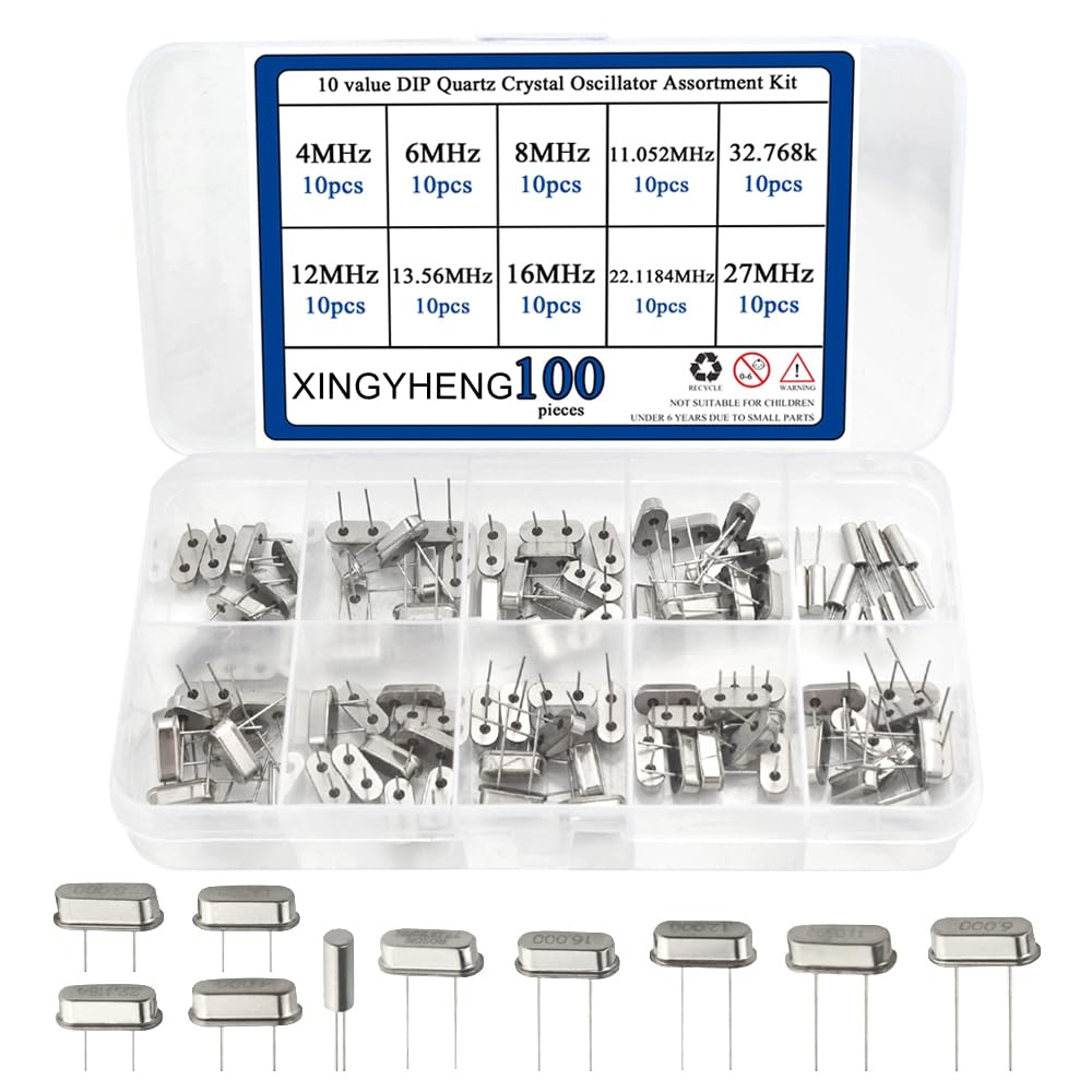 100 Pcs 10 Value DIP Quartz Crystal Oscillator 4M 6M 8M 11.052M 12M 13.56M 16M 22.1184M 27M 32.768K Crystal Resonators Oscillator Assortment Kit Each of 10Pcs