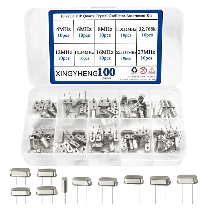100 Pcs 10 Value DIP Quartz Crystal Oscillator 4M 6M 8M 11.052M 12M 13.56M 16M 22.1184M 27M 32.768K Crystal Resonators Oscillator Assortment Kit Each of 10Pcs