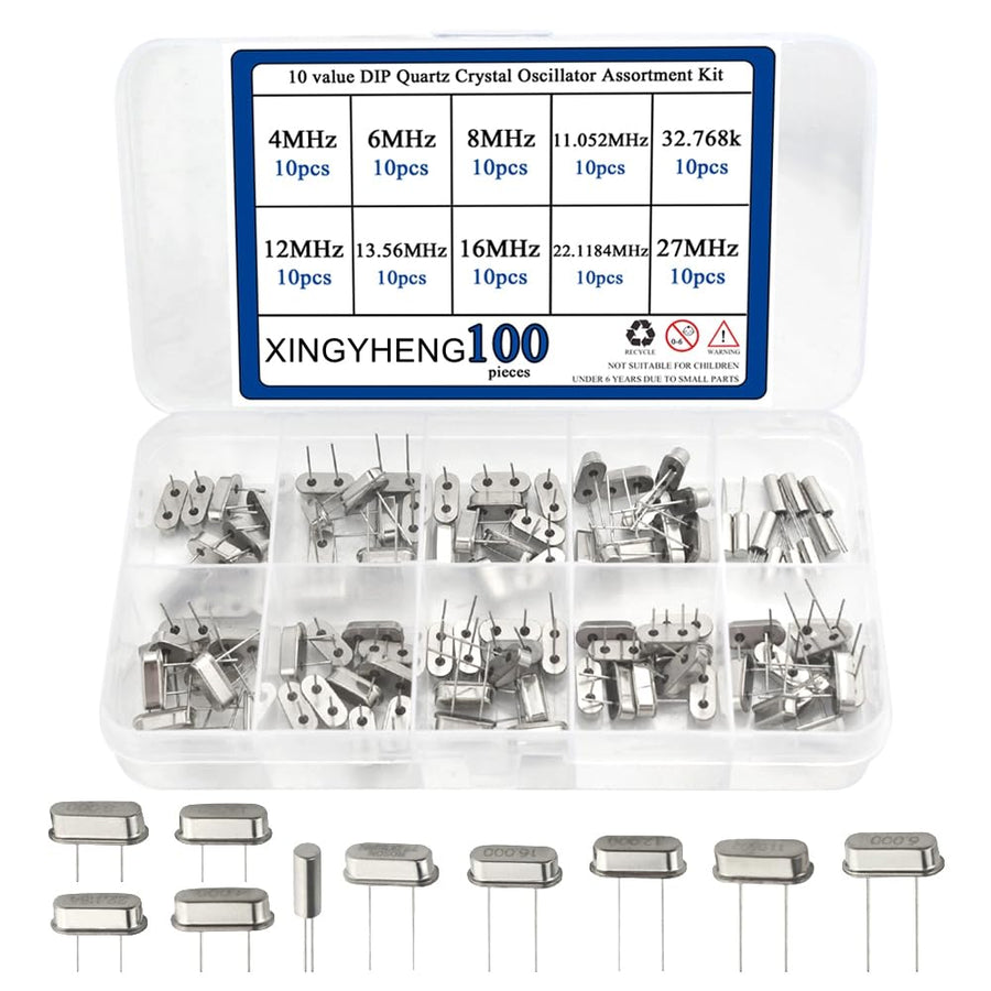 100 Pcs 10 Value DIP Quartz Crystal Oscillator 4M 6M 8M 11.052M 12M 13.56M 16M 22.1184M 27M 32.768K Crystal Resonators Oscillator Assortment Kit Each of 10Pcs