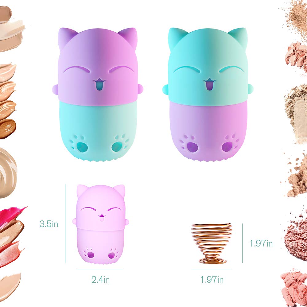 Makeup Sponge Case, Cute Cat Shaped Containers, Silicon made Perfect for Traveling, Keep Makeup Sponges in a Safe &Sanitary, with 2 Fashion Hair Clips &2 Sponge Holders (Green+Purple)