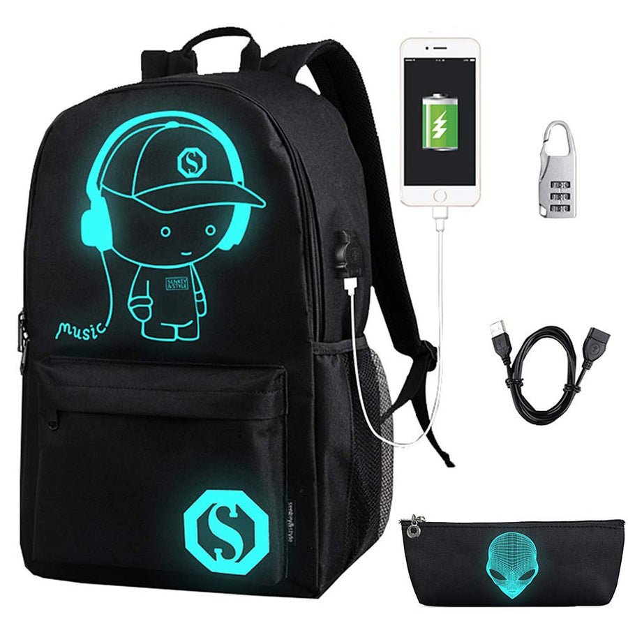 Bookbags for Teen Boys, Anime Cartoon Luminous Backpack with USB Charging Port, 17 Inch Laptop Backpack for Men, School Backpack for Girls/Boys, Cool Anime Backpack, Black