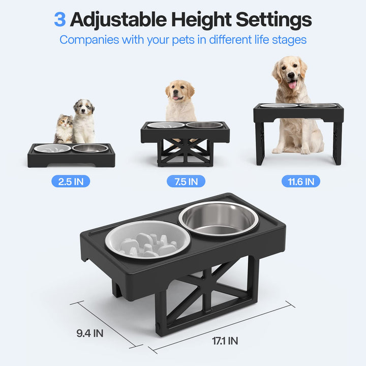 Elevated Dog Bowls, 3 Height Adjustable Raised Dog Bowl Stand with 2 Stainless Steel 44oz Food Water Bowl &amp; Slow Feeder, Non-Slip Dog Dish Adjusts to 2.5&#39;&#39; 7.5&#39;&#39; and 11.6&#39;&#39; for Small Medium Large Dogs