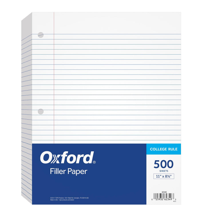 Filler Paper, 8-1/2 x 11, College Rule, 3-Hole Punched, Loose-Leaf Paper for 3-Ring Binders, 500 Sheets Per Pack (62349),White