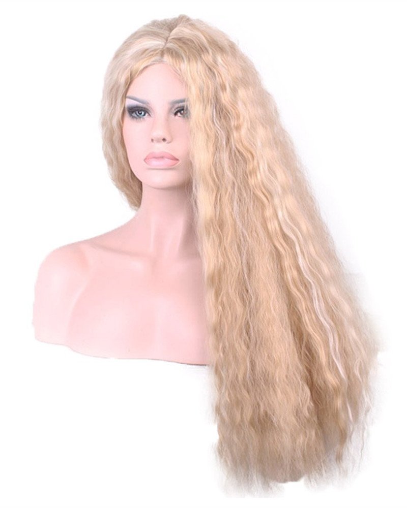 28 Women Long Curly Fluffy Blonde Full Wigs Highlights Synthetic Hair Party Wig (Golden+Blonde)