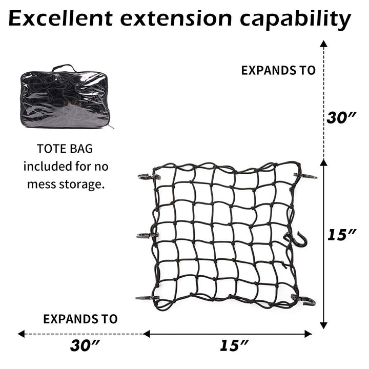15x15 Motorcycle Cargo Net Stretches to 30x30 with 6 Hooks 2&#39;&#39;x2&#39;&#39; Mesh for Motorcycle Motorbike Bikes