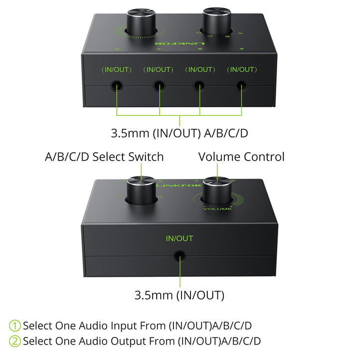 4 Port 3.5mm Stereo Audio Switch, 4 Way Stereo Audio Selector, 4 Input 1 Output / 1 Input 4 Output Audio Splitter with Volume Control and 4 Channel Switch Knob