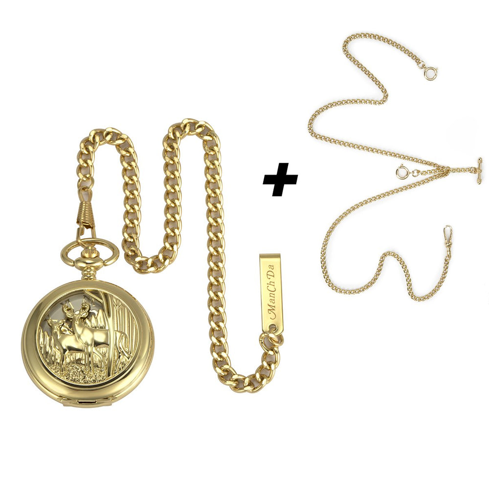 ManChDa Vintage Reindeer Pocket Watch Golden Hollow Cas