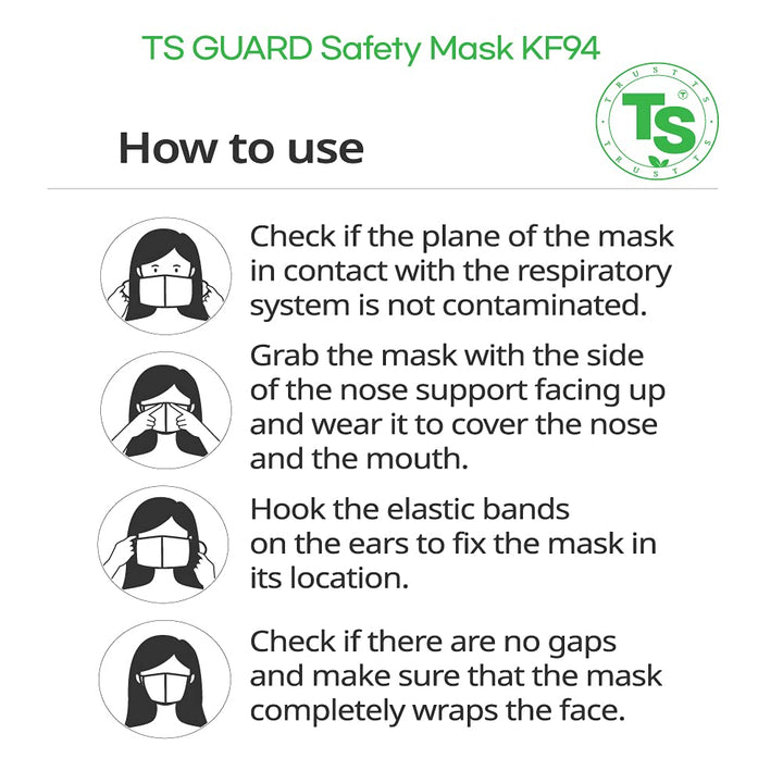 30 Pack KF94 Mask, Certified, Black TS Guard Safety Face Mask ; 4-Layered Protection, Tri-Folding Style, 3D-Ergonomic Design, Black Color, Large Size, Made in Korea. (30)
