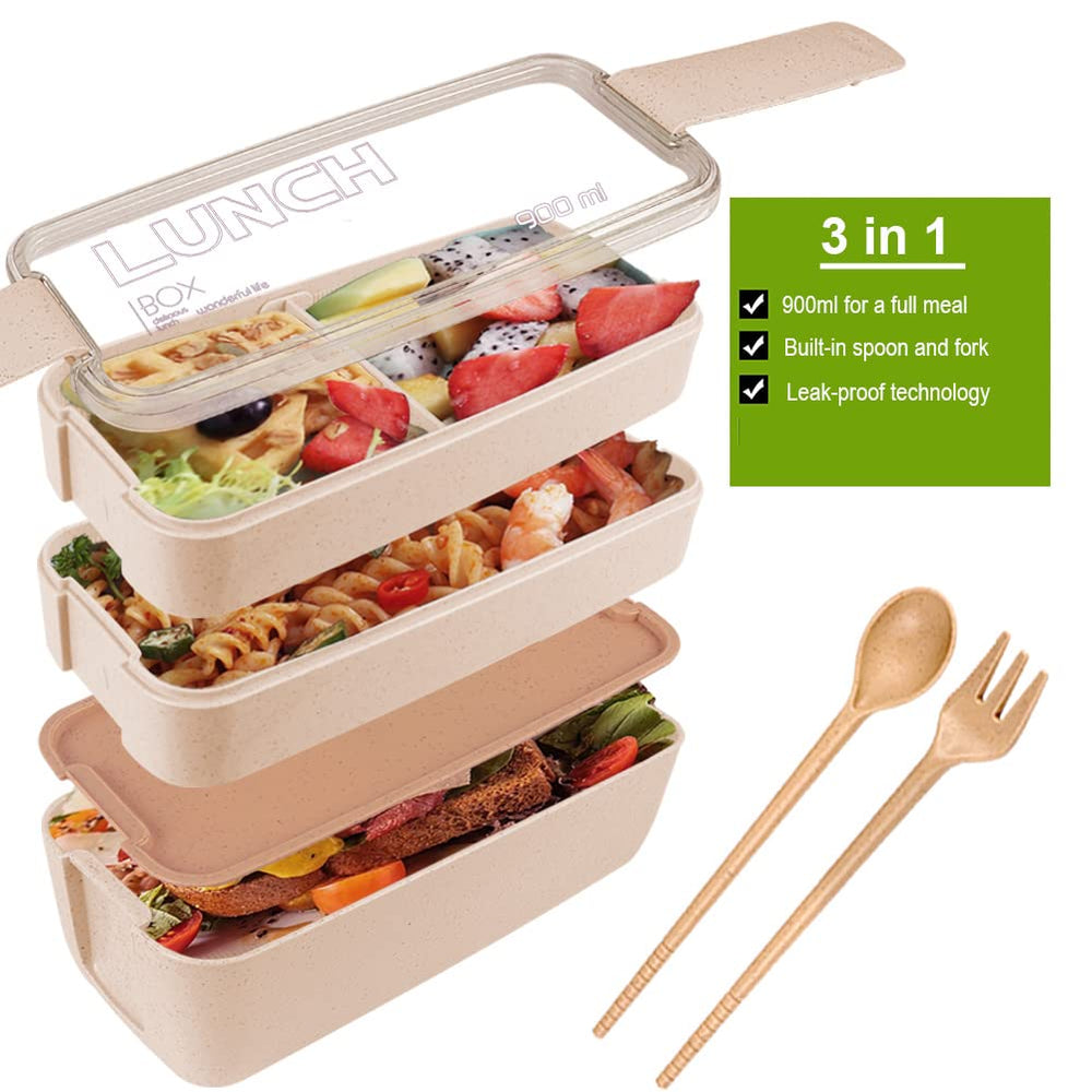 Bento Adults Lunch Box, Stackable Bento Box, 3-In-1 Compartment - Wheat Straw, Leakproof Bento Lunch Box Meal Prep Containers