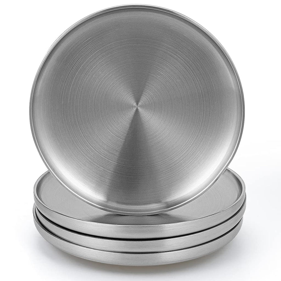 304 Stainless Steel Dinner Plates, 9 Double Layered Serving Plates, Brushed Metal Dishes for Camping, BBQ, Steak, Salad, Snack, Pack of 4