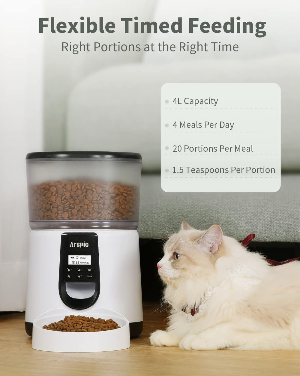 Automatic Cat Feeder, 4L Auto Cat Food Dispenser with Programmable Timer Feeder and Portion Control Automatic Pet Food Feeder for Small & Medium Cats Dogs with Desiccant Bag & Voice Recorder